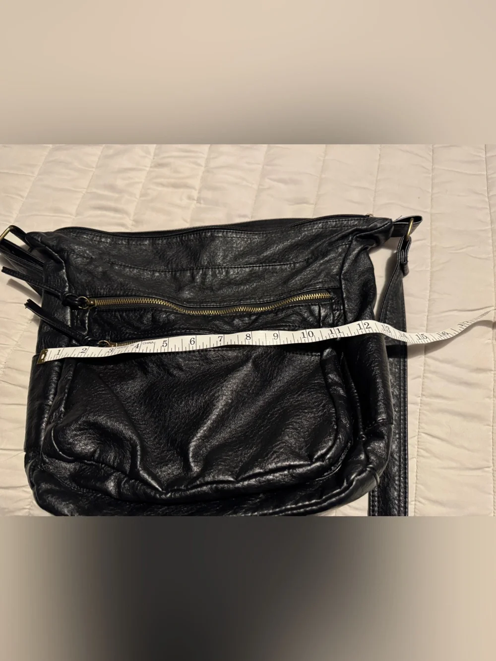 Black Leather Crossbody Bag with Front Zip Pockets